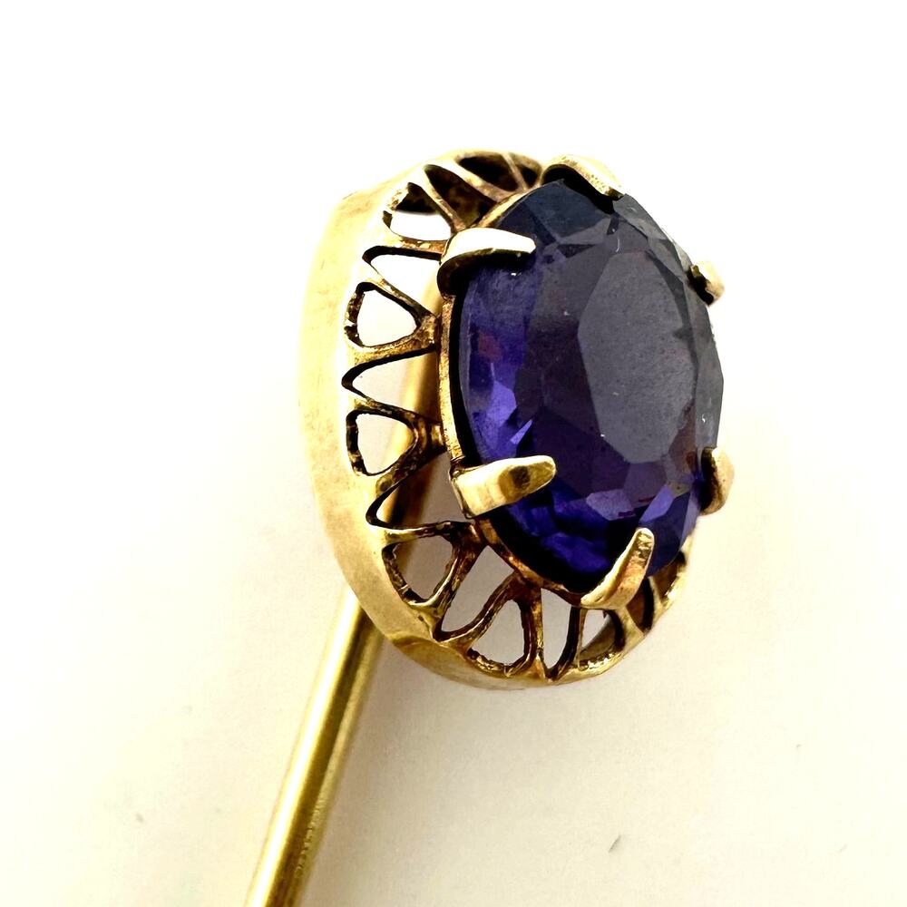 Antique Victorian solid 10kt yellow gold purple glass stick pin brooch